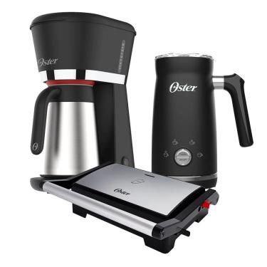 Imagem de Kit Black Inox Oster Cafeteira com Jarra Térmica 0,7L Espumador de Leite e Mini Grill Preto 110V