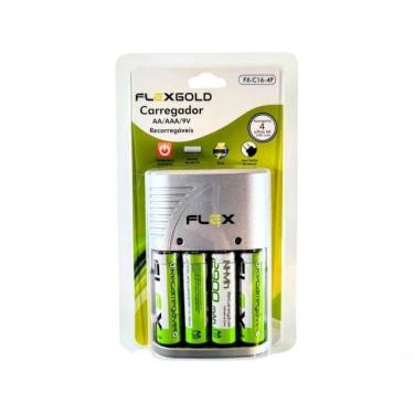 Imagem de Carregador de Pilhas 2 Flex FXC164P Bivolt para AA AAA e 9V Cinza com 4 Recarregáveis AA 2900mAh