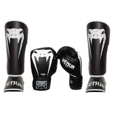 Imagem de Kit Caneleira e Luvas de Boxe Muay Thai Venum Giant Brasil Preto Cor:P