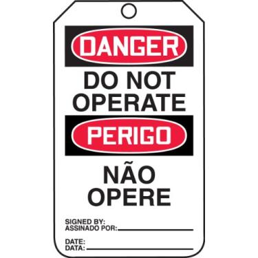 Imagem de Accuform Sinais TMP185CTP etiqueta de segurança bilíngue português brasileiro, legenda "DANGER DO NOT OPERATE/ PERIGO NAO OPERE", 14,6 cm de comprimento x 8,3 cm de largura x 0 cm de espessura,
