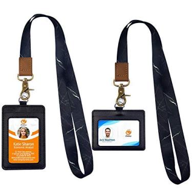 Imagem de Suporte de crachá e cordão 2 pacotes, 1 suporte de cartão de couro horizontal e 1 suporte de identificação vertical de couro PU com cordões de chave da ZHEGUI