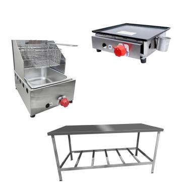 Imagem de Kit Lanchonete Mesa de Manipulação 190x70cm + Fritadeira a Gás 1 Cuba + Chapa a Gás 30cm Alcamar