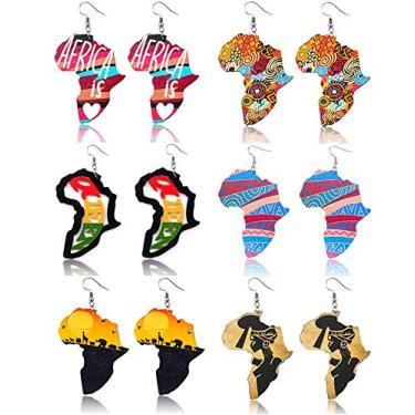 Imagem de YZstyle 6 pares de brincos de madeira mapa africano joia estilo étnico geométrico personalizada brincos coloridos pintados leves pendentes queda brincos de madeira natural boêmio declaração brincos