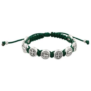 Imagem de Pulseira de tecido com 10 medalhas de São Bento | Cordão verde caçador e contas de metal prateado | Santo Padroeiro dos Estudantes e da Europa | Ótimo presente católico para a primeira comunhão e