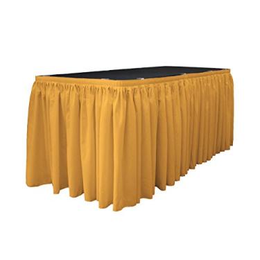 Imagem de LA Linen Saia de mesa plissada de popelina de poliéster com 10 clipes grandes, 4,7 m x 73,6 cm, dourada