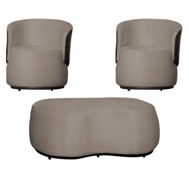 Imagem de Kit 2 Poltronas Decorativas e 1 Puff Grande Design Orgânico Beatriz Suede Composê Corino Marrom - Estopar