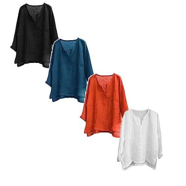 Imagem de 2/3/4 peças camisas de linho masculinas manga longa casual solta camiseta cor sólida confortável respirável plus size blusas, Preto + azul marinho + laranja + branco - b, M