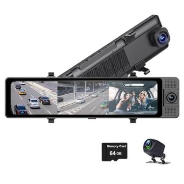 Imagem de XRC TECH 3CHs 2K + 1080p + 1080p IPS tela sensível ao toque do carro espelho retrovisor veicular câmera frontal e traseira e interna 180° ajustável lente interior gravador de vídeo com WiFi View Car DVR com cartão TF de 64 GB