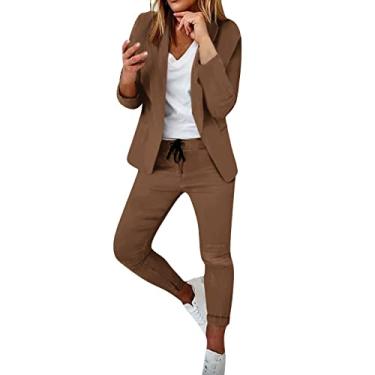 Imagem de Ternos casuais de negócios para mulheres terno de 2 peças moderno com blazer jaqueta frontal aberta com calça, Café, X-Small