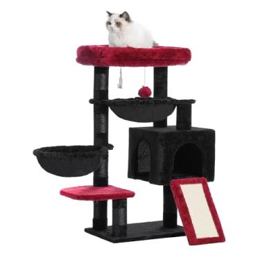 Imagem de Árvore de cacto para gatos Hey-brother MPJ006SBR, condomínio confortável, com cama grande acolchoada, para gatos internos, redes, postes para arranhar de sisal, arranhador grande, preta e vermelha
