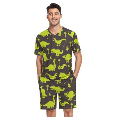 Imagem de KLL Conjunto de pijama masculino dourado preto, 2 peças de pijama com gola V, Silhueta verde de dinossauros, M