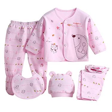 Imagem de Mercatoo Conjuntos de roupas de bebê blusa de manga + chapéu + calça menino desenho animado roupa de bebê menina 5 peças conjunto longo + babador meninas, rosa, Tamanho Único