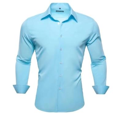 Imagem de Camisetas masculinas de designer azul liso cetim bordado Paisley flor manga longa slim fit blusas masculinas blusas casuais, 0750, XXG