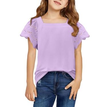 Imagem de Yoklass Camisetas casuais para meninas, gola quadrada, manga com babados, blusas soltas sólidas de 5 a 14 anos, Cinza violeta, 13-14 Anos