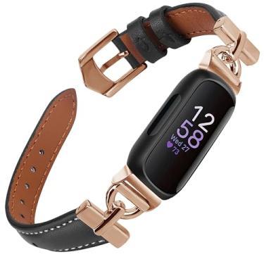 Imagem de Pulseiras de couro compatíveis com Fitbit Inspire 3, pulseiras de substituição em forma de D, pulseira macia para Fitbit Inspire 3 rastreador de atividades feminino e masculino (preto/ouro rosa)