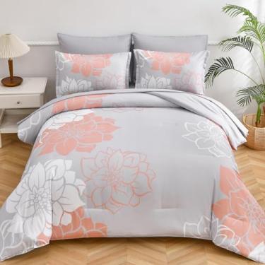 Imagem de Jogo de cama queen com estampa floral de 7 peças, cama em um saco, flor de coral e conjunto de lençóis, 1 edredom macio (1 edredom, 2 fronhas, 1 lençol de cima, 1 lençol com elástico, 2 fronhas)