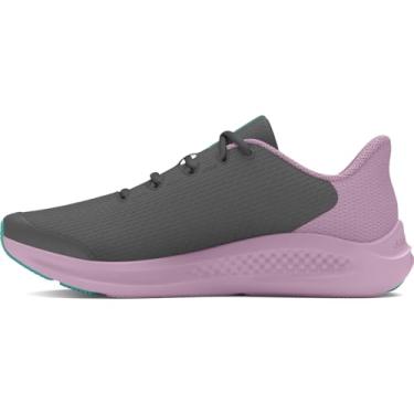 Imagem de Under Armour Tênis de corrida unissex infantil School Pursuit 3 com logotipo grande, (101) Castlerock/Ás roxo/Turquesa radial, 5.5 Big Kid
