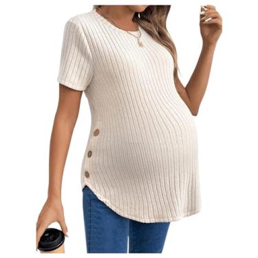 Imagem de MakeMeChic Camisetas femininas casuais de maternidade gola redonda manga curta malha canelada verão gravidez tops, Caqui, M