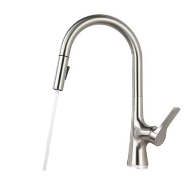 Imagem de Torneira de cozinha removível de níquel escovado, pulverizador de fluxo montado na plataforma, água quente e fria, torneira misturadora de latão com rotação de 360 graus, níquel escovado