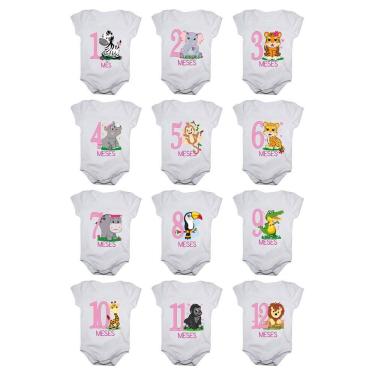 Imagem de Kit body de bebê mesversario manga curta safari menina 12 bodies 1 a 12 meses