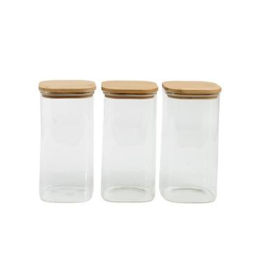Imagem de Kit Pote Hermético Vidro Quadrado Tampa de Bambu 3 peças - Oikos, U, N