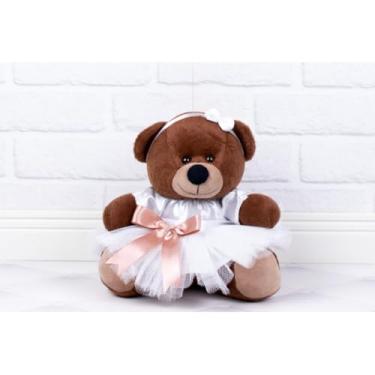 Imagem de Urso de Pelúcia Tedde 12 cm, Daminha Cetim Branco (PELUCIA MARROM - DETALHE - ROSE)