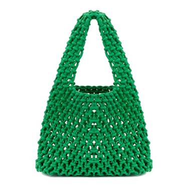 Imagem de Naimo Bolsa de praia de palha grande de tecido de vime, bolsa de ombro com rede de pesca, bolsa de corda de algodão, bolsa Hobo de crochê de verão, Verde, One Size