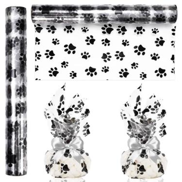 Imagem de Whaline Rolo de papel de celofane com estampa de pata, 30,5 m x 40,6 cm, 2,5 mm, papel de celofane branco e preto, papel de embrulho de violoncelo transparente para petiscos, cesta, animal de