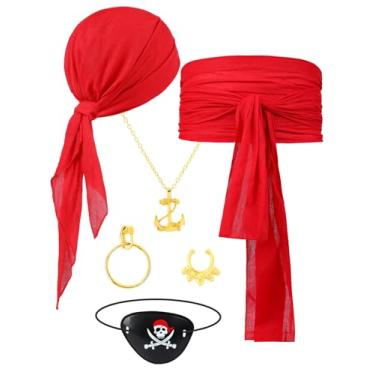 Imagem de Jansun 2 peças acessórios para fantasia de pirata, chapéu de pirata, cachecol de pirata, faixa de cinto, bandana, Vermelho, Different Size