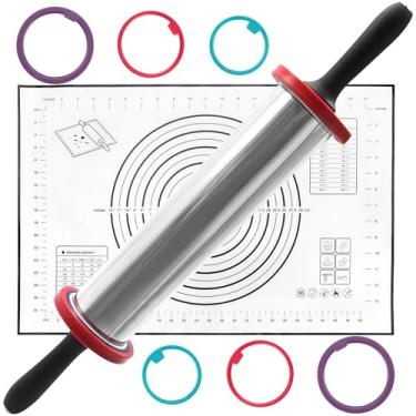 Imagem de SHIKORI Rolo de massa, rolo de massa ajustável com anéis grossos, suprimentos de aço inoxidável para pastelaria de pizza, fondant, torta, macarrão, preto