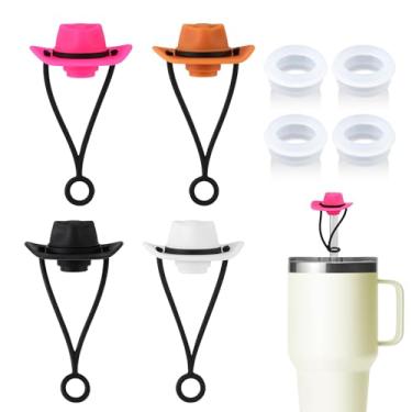 Imagem de 4 peças de capa de palha de chapéu de cowboy para copo de palha YETI 16/20/24/25/26/992.2 g, com 4 peças de tampas à prova de derramamento, novidade de silicone decorativo chapéu de palha topo de