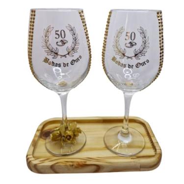 Imagem de META ATACADO, Kit 2 Taças Vidro Bandeja Bodas de Ouro 50 Anos Rosas Luxo
