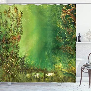 Imagem de Ambesonne Cortina de chuveiro da floresta tropical, borboletas da terra dos sonhos místicos, grama, flores, lagarto, arte cênica romântica, conjunto de decoração de banheiro de tecido com ganchos, 175