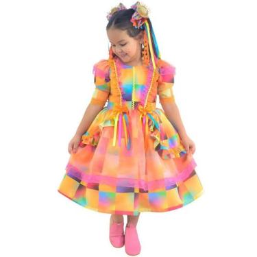 Imagem de Vestido Festa Junina Xadrez Laranja Neon Luxuoso - Moderna Meninas, La