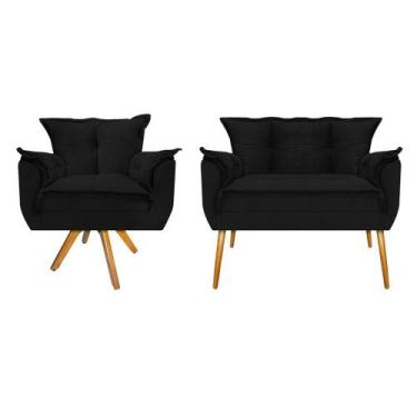 Imagem de Kit Namoradeira e Poltrona Opala Base Giratória de Madeira Suede Preto