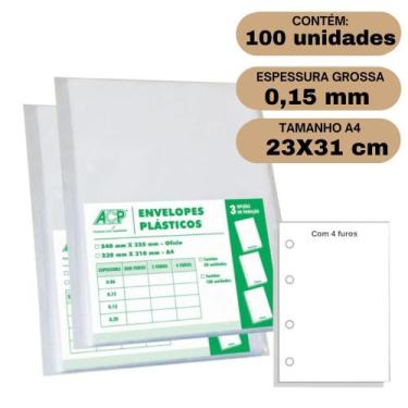 Imagem de Envelope Saco Plástico A4 Acp 0,15mm 4 Furos C/100 Grosso