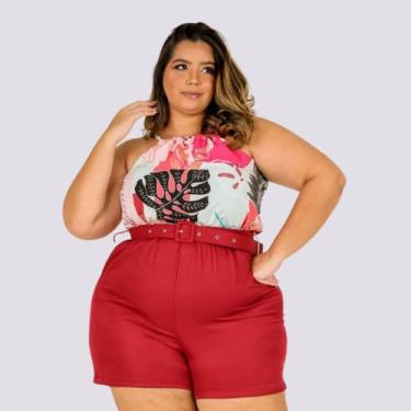 Imagem de Macaquinho Feminino Plus Size Estampado + Liso Cinto 0300 - Bellucy Mo