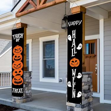Imagem de Decorações de banner de Halloween ao ar livre interior feliz decoração de Halloween doces ou travessuras decorativas faixas penduradas varanda sinais de boas-vindas para porta da frente fora quintal