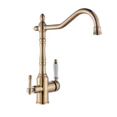 Imagem de Torneira de cozinha com filtro 360 ° Torneira misturadora de água quente e fria com duas alças Torneira de cozinha montada no deck Torneira de pia preta, dourada T3