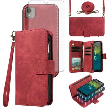 Imagem de Asuwish Capa de telefone para Nokia C110 carteira com zíper destacável capa magnética com protetor de tela de vidro temperado alça transversal alça flip porta-cartão slot C 110 4G N156DL mulheres