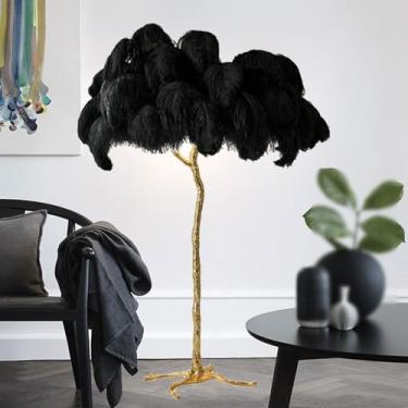 Imagem de Lâmpada de leitura de chão moderna com penas de avestruz, lâmpada alta regulável de 3 cores, luz dourada com interruptor de pé, lâmpada romântica para quarto de princesa