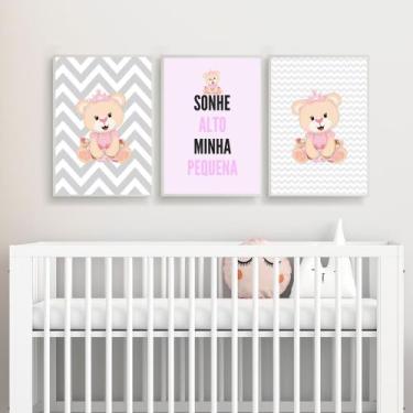 Imagem de Quadros Menina Ursinha Rosa Quarto Infantil 3 Peças 20x28cm - CAMALEÃO