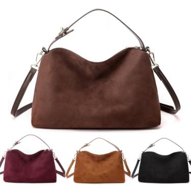 Imagem de Bolsa de camurça feminina de camurça, bolsa de camurça sintética, vintage, alça superior, bolsa de ombro, bolsa hobbo, bolsas de mão, Café, Medium