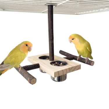 Imagem de Tigela de alimentação de pássaros de aço inoxidável com poleiro e suporte de madeira, conjunto de alimentador de gaiola para papagaios, araras, cinzas africanas, periquitos, gatos, coelhos, hamsters,