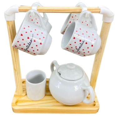 Imagem de kit café 7 pçs - Porcelana poá vermelho com Suporte pinus - Antilope D