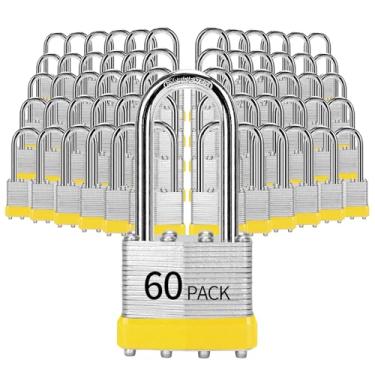 Imagem de HZSY Cadeado com chave de aço laminado (1-9/40.6 cm, 40 mm), fechaduras com chave, embalado com 60, cadeados longos, aros de plástico amarelo, para caixa de ferramentas, armário e unidade de