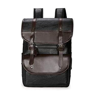 Imagem de Mochila Masculina de Couro Mochila Grande para Laptop Masculina Bolsa Retrô Masculina Patchwork Cor Marrom Preto(Black)