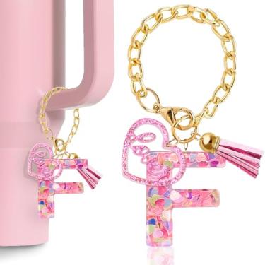Imagem de Fabenyok Acessórios de pingente de letra para Stanley Cup, pingente de chaveiro de letra inicial fofo com amor para Stanley Tumbler para mulheres e meninas (rosa, letra F)