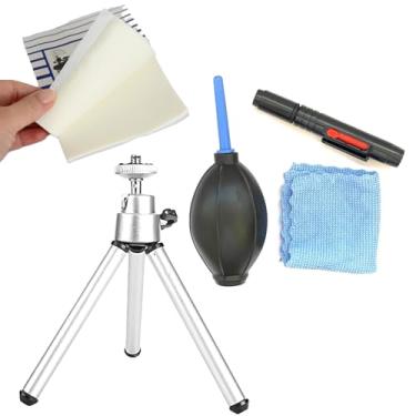 Imagem de Kit Limpa Lente e Camera 4x1 c/Soprador, Pano, Pincel, bloco 50fls lenços + Mini tripé mesa Prata