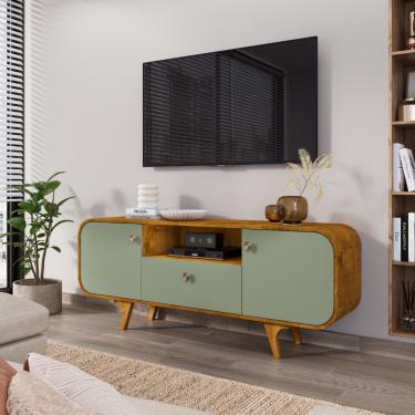 Imagem de Rack para TV Até 55 Polegadas 2 Portas 1 Gaveta com Pés de Madeira Maciça Noronha Bechara - Naturalle/Pistache